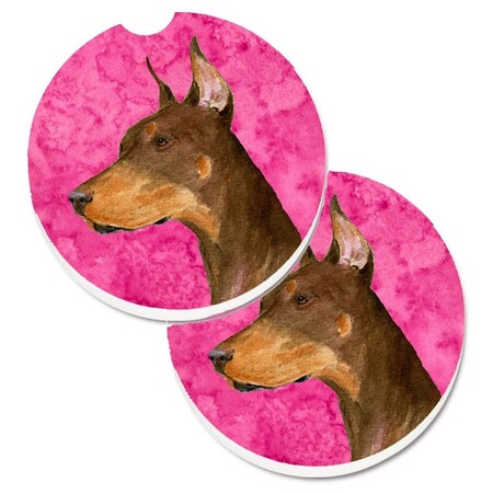 Carolines Treasures Pink Doberman Set of 2 Cup Holder Car Coaster SS4744-PKCARC